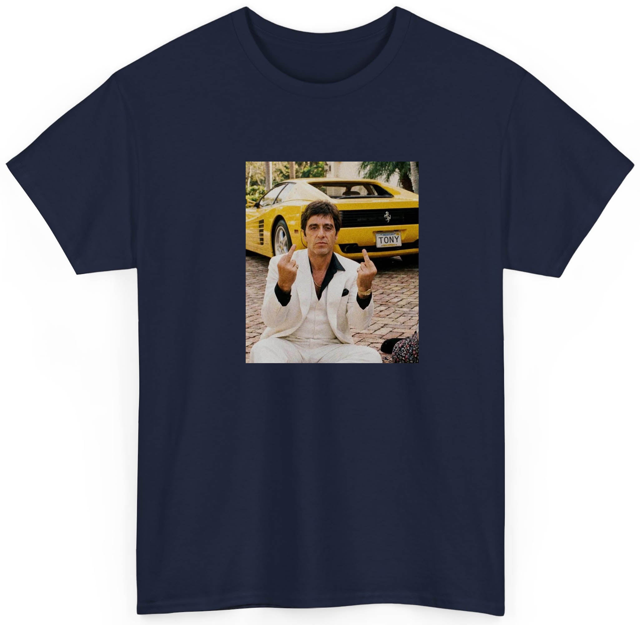Scarface Tony Montana Yellow Ferrari Middle Finger T shirt